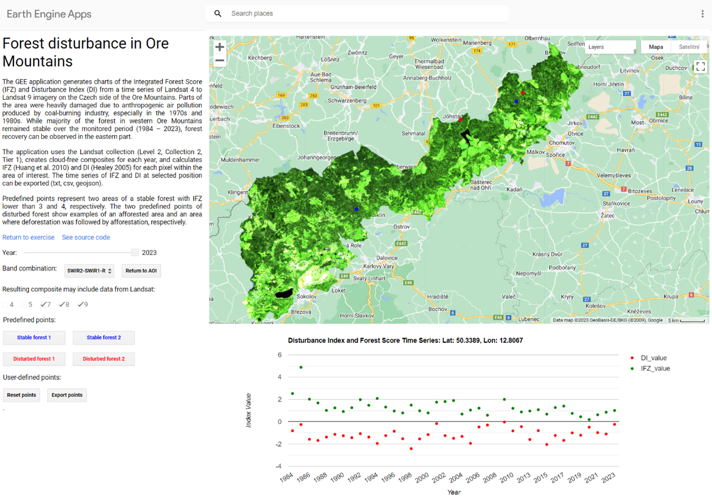 The GEE application Forest disturbance in Ore Mountains.