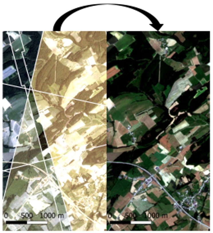 PlanetScope data normalization effect (on the right) based on Sentinel-2 data (Latte and Lejeune, 2020). Normalization