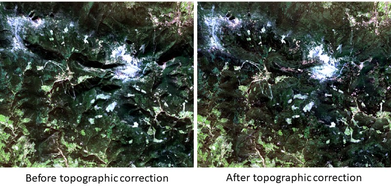 Sentinel-2 data L1C product before and after topographic correction (Karkonosze Mountains area, RGB composite from 10.10.2021). Sentinel-2 data