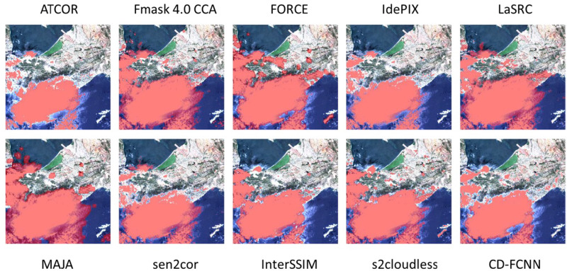 Examples of cloud masking by various algorithms over the Sentinel-2 scene. cloud masks