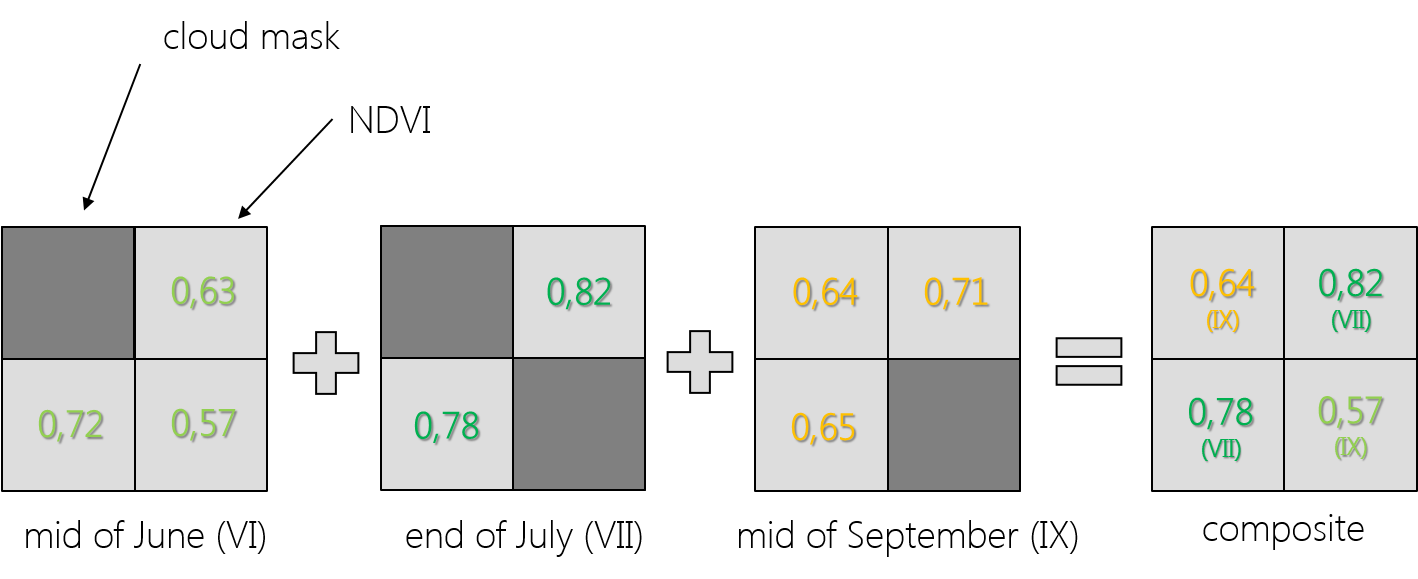 Concept of creating time composites from three different dates images based on the highest NDVI value. concept of time composites