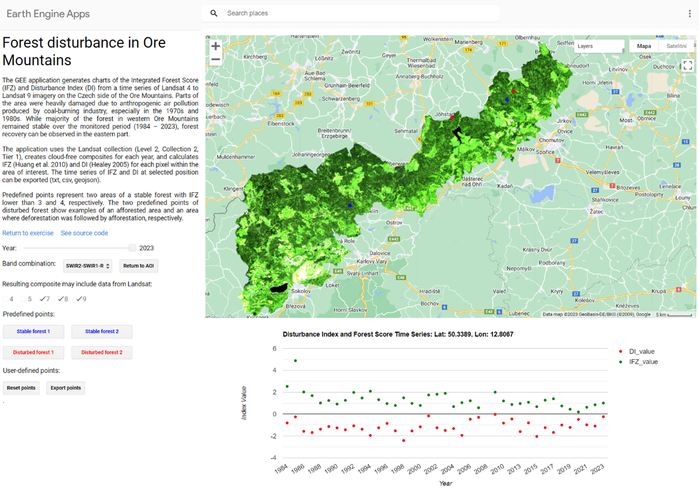 The GEE application Forest disturbance in Ore Mountains. The GEE application Forest disturbance in Ore Mountains.