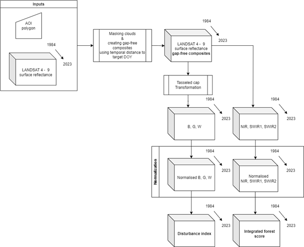 General workflow applied in the GEE application Forest disturbance in Ore Mountains. General workflow applied in the GEE application Forest disturbance in Ore Mountains.